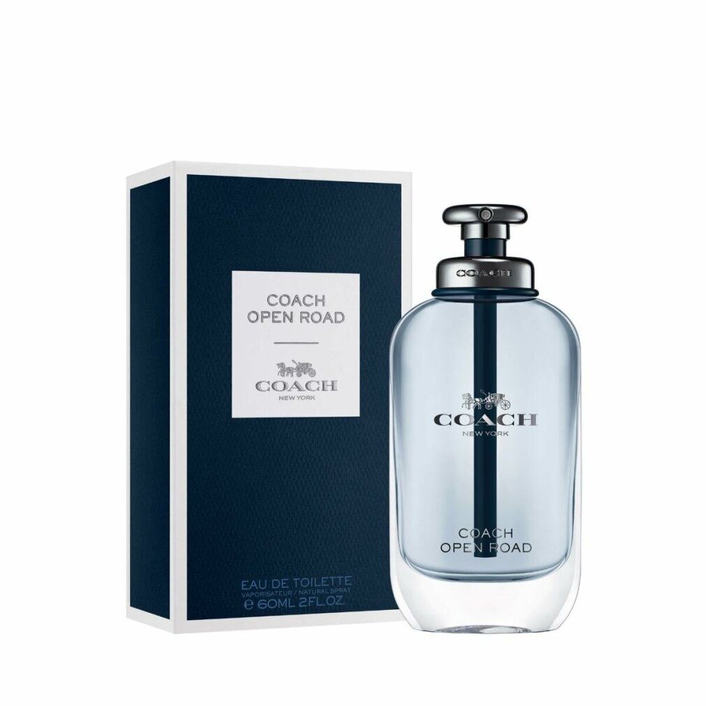 Coach Open Road Eau de Toilette Natürliches Spray neben seiner dunkelblauen Verpackungsbox.