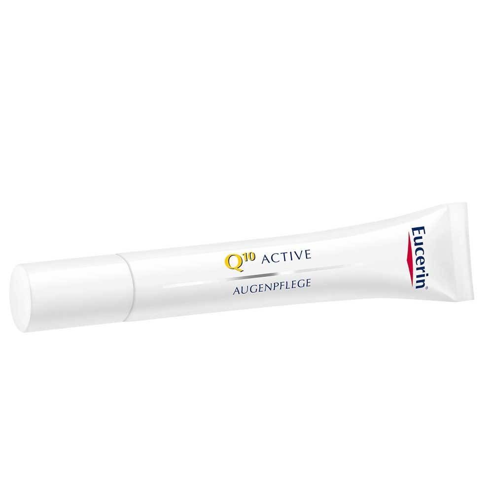 Weiße Tube mit Eucerin-Logo, Q10 Active und Augenpflege-Schriftzug. Aufschrift in Schwarz.