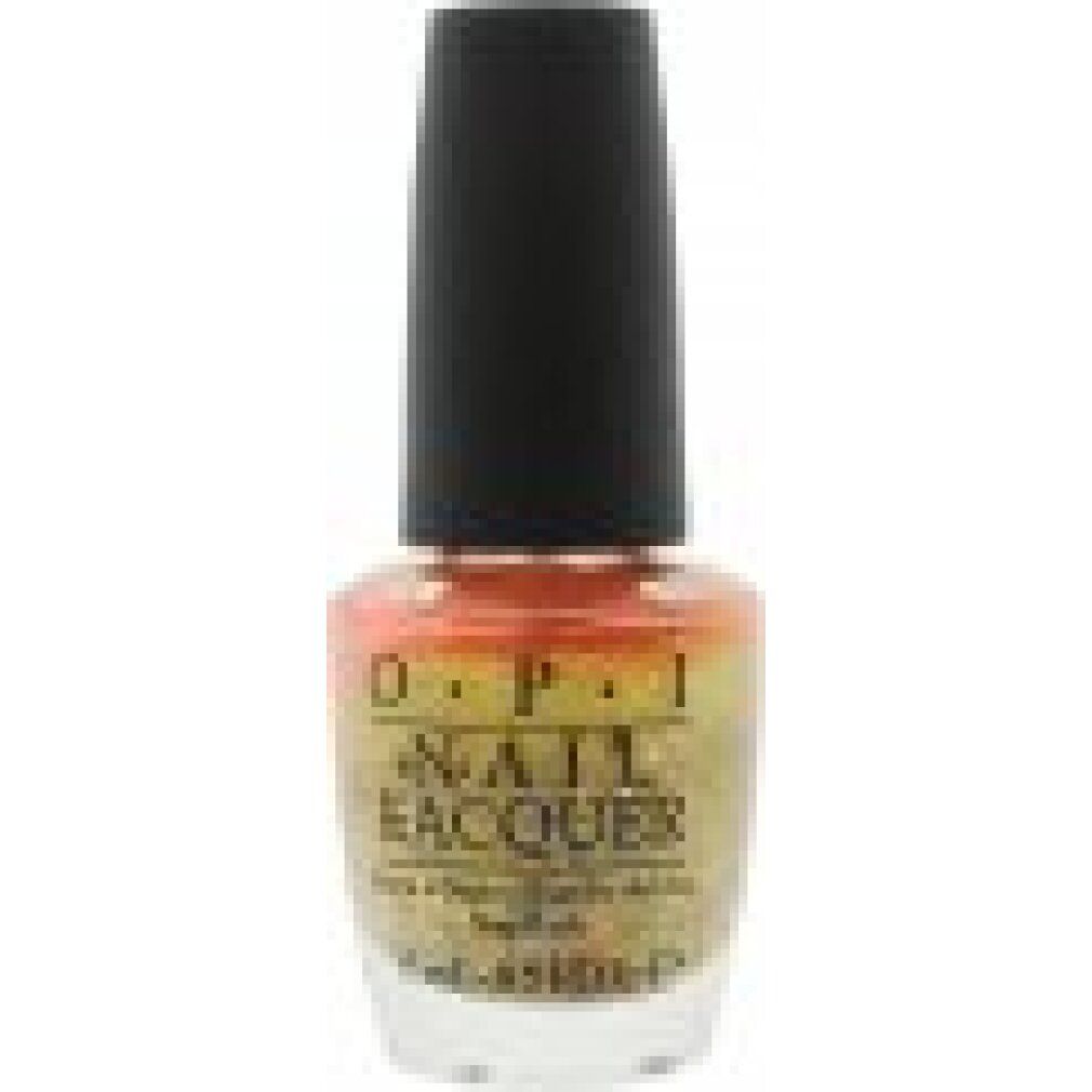 Nagellackflasche mit schwarzem Deckel. Farbverlauf von Gelb zu Orange. OPI-Logo und Schriftzug 'NAIL LACQUER' sichtbar.
