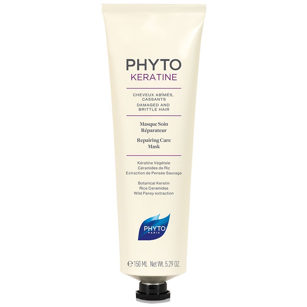 Creme-Tube mit Produktnamen und Text. Schwarzer Verschluss. 150 ml. Marke PHYTO.