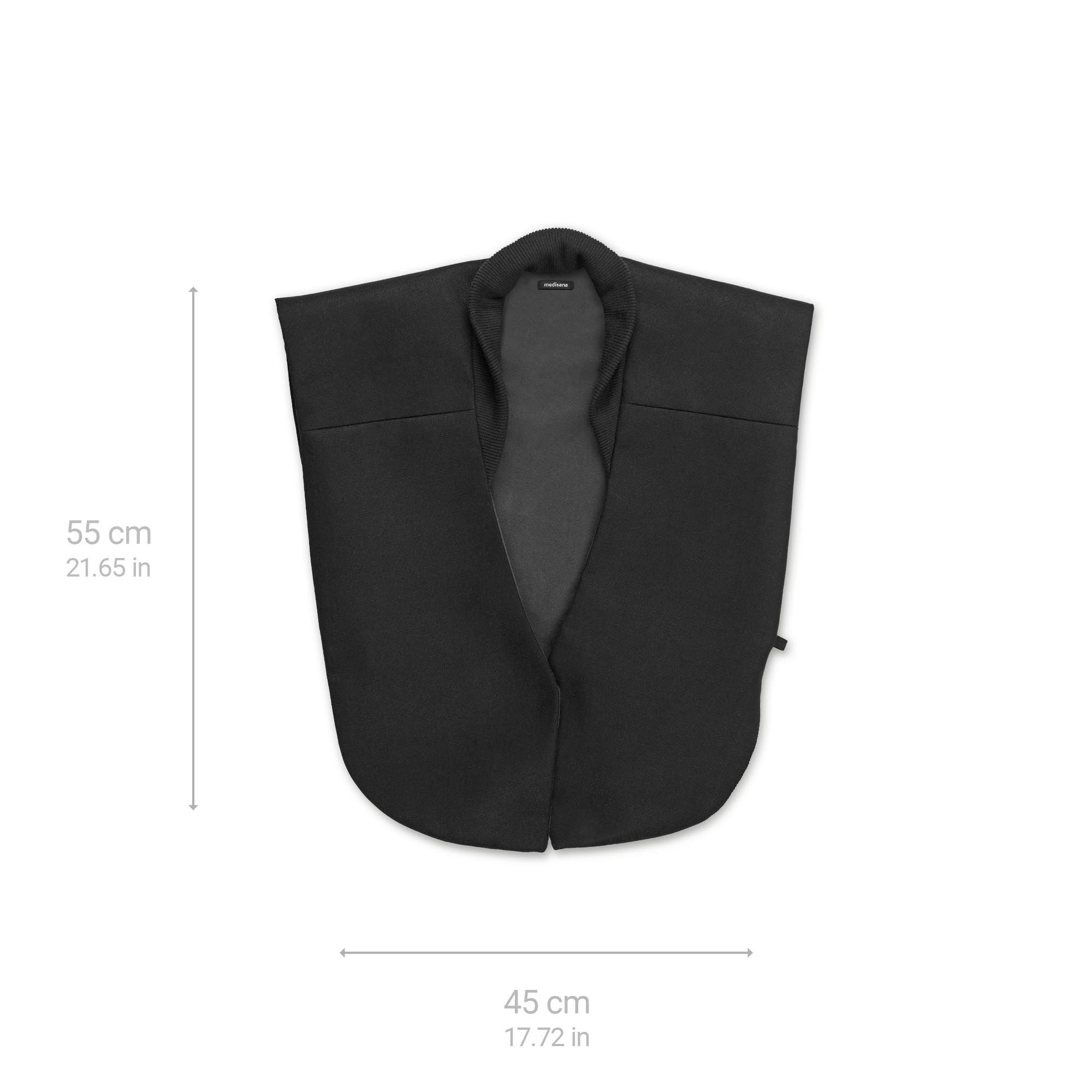 Schwarzer Wärmecape, 55 cm hoch und 45 cm breit. Mit Kragen und offenem Design.