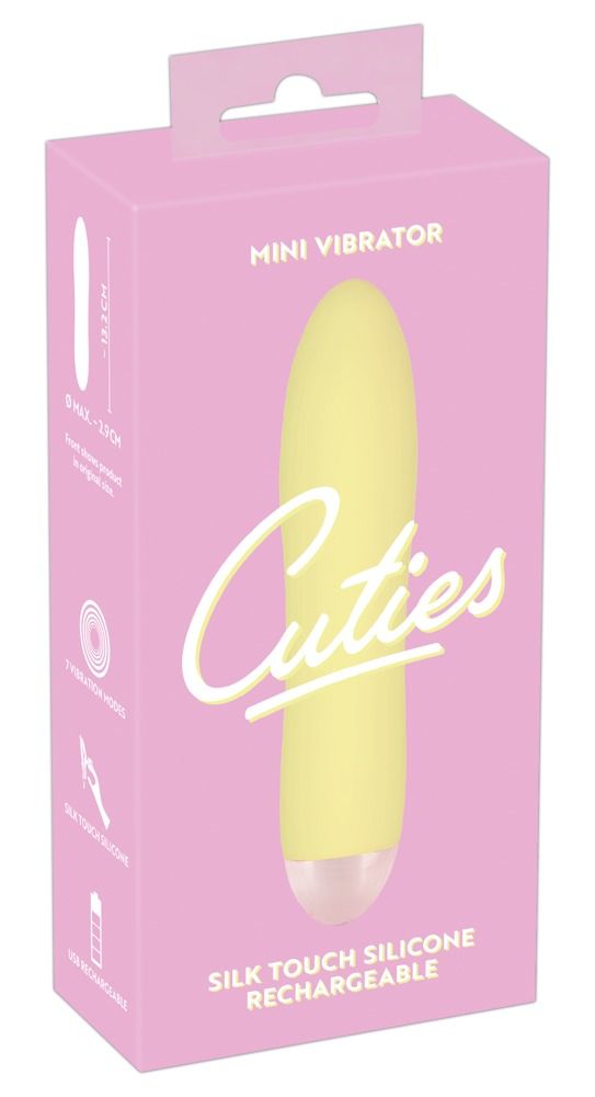 Rosa Verpackung mit gelbem Vibrator. Aufschrift 'Cuties'.