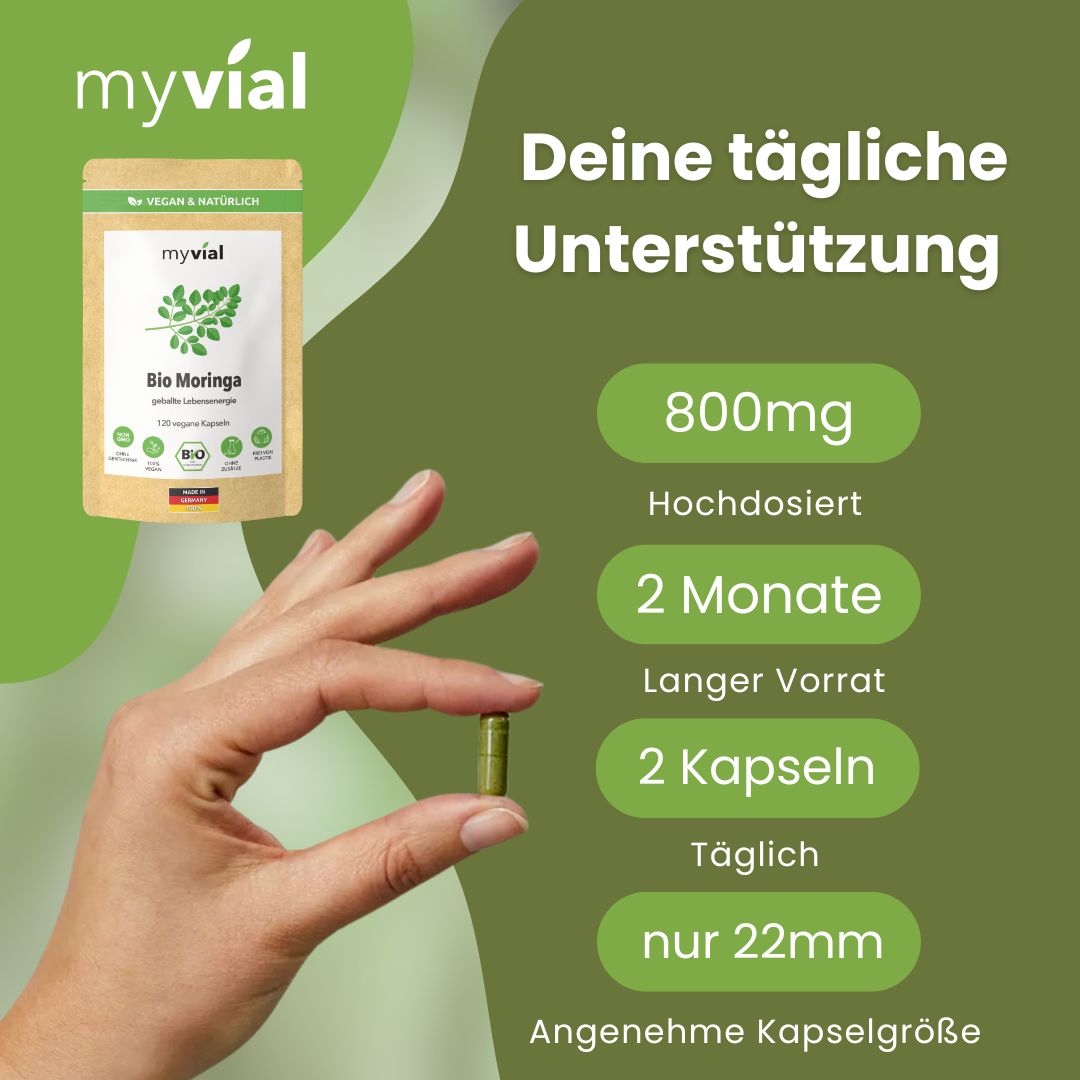 myvial® Bio Moringa Kapseln - Blattpulver aus Moringa Oleifera - 800 mg hochdosiert