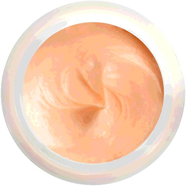 Creme in rundem, perlmuttfarbenem Tiegel. Cremefarbene Masse mit sichtbarer Textur. Draufsicht.