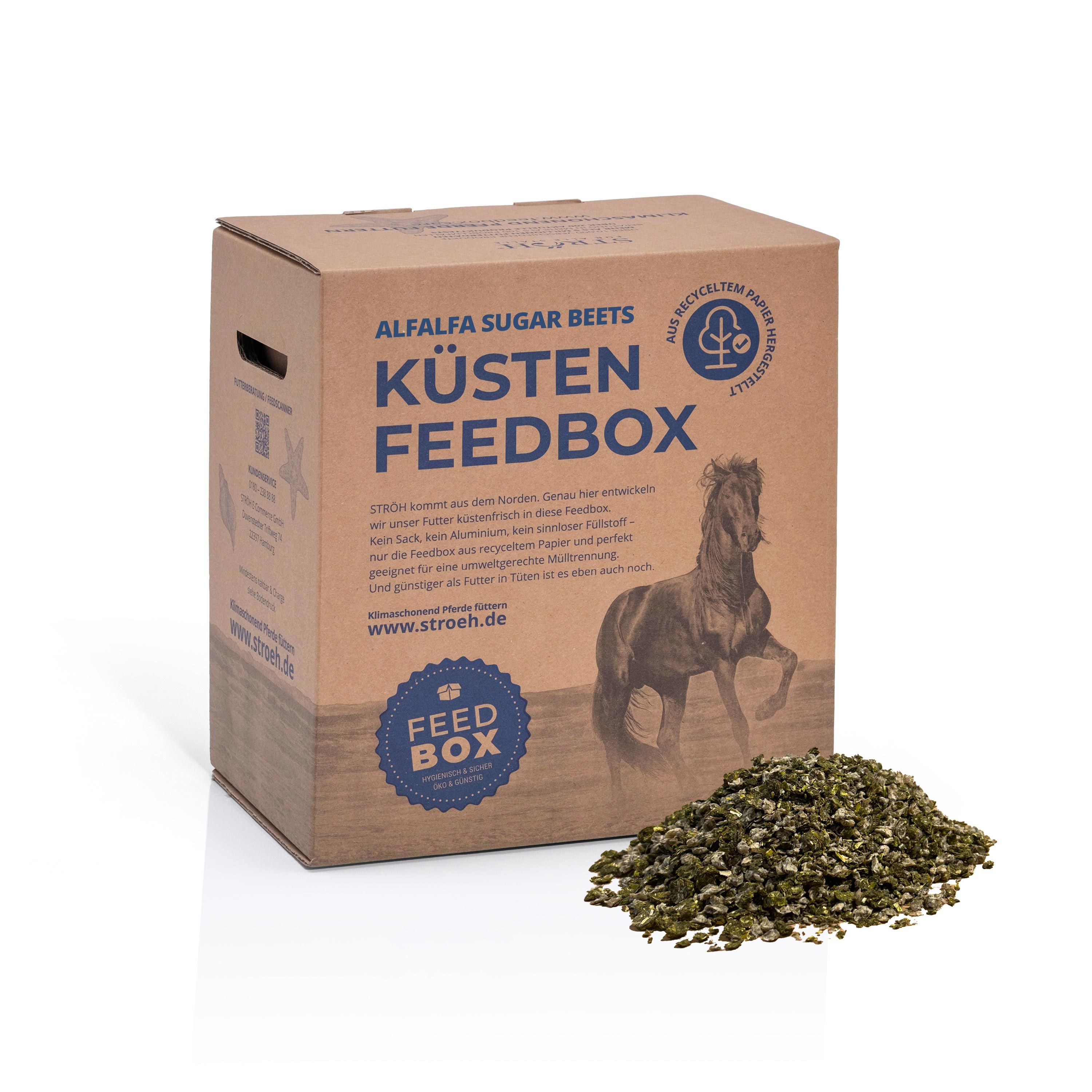 Karton "Küsten Feedbox" mit Alfalfa Sugar Beets. Text: Alfalfa Sugar Beets, aus recyceltem Papier. Produkt auf grünem Granulat.