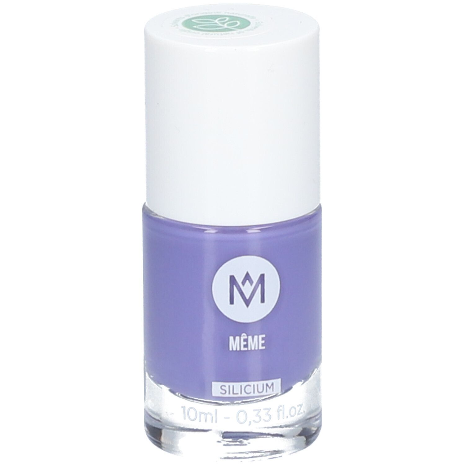 Nagellackflasche mit pervanche-blauer Farbe. Weißer Deckel. Logo 'MÊME' und 'SILICIUM' sichtbar.