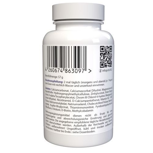 Rückseite einer weißen Flasche. Barcode, QR-Code und Text mit Inhaltsstoffen und Verzehrempfehlung.