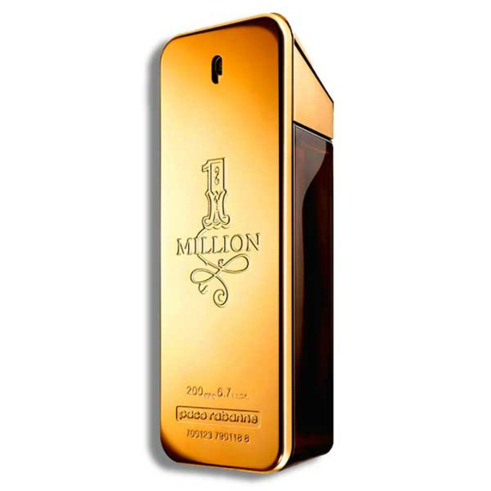 Goldfarbener Flakon "1 Million". Eckige Form, schwarzer Sprühkopf. Unten "paco rabanne" und Volumenangabe.