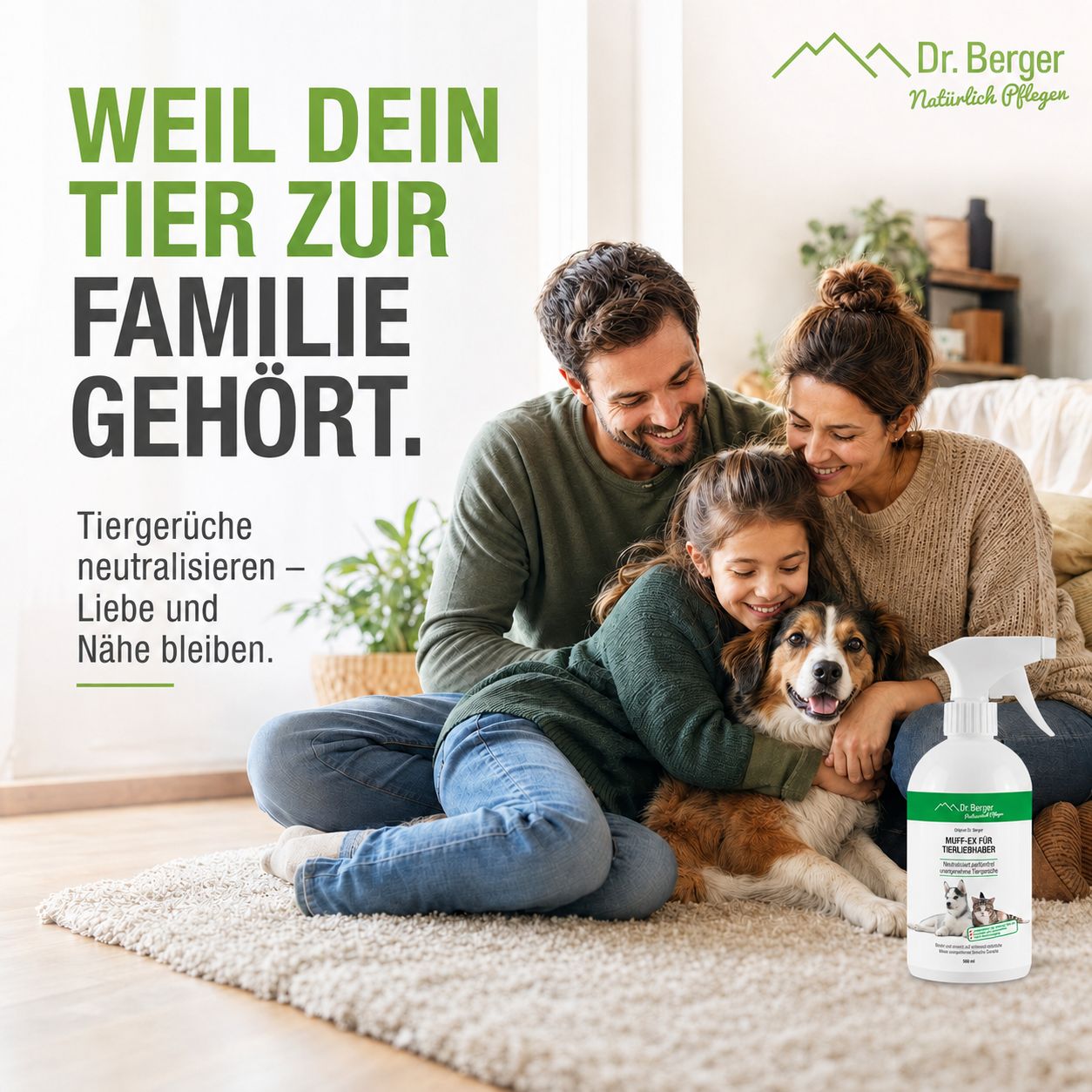 Sprühflasche neben einer lächelnden Familie, die einen Hund umarmt.