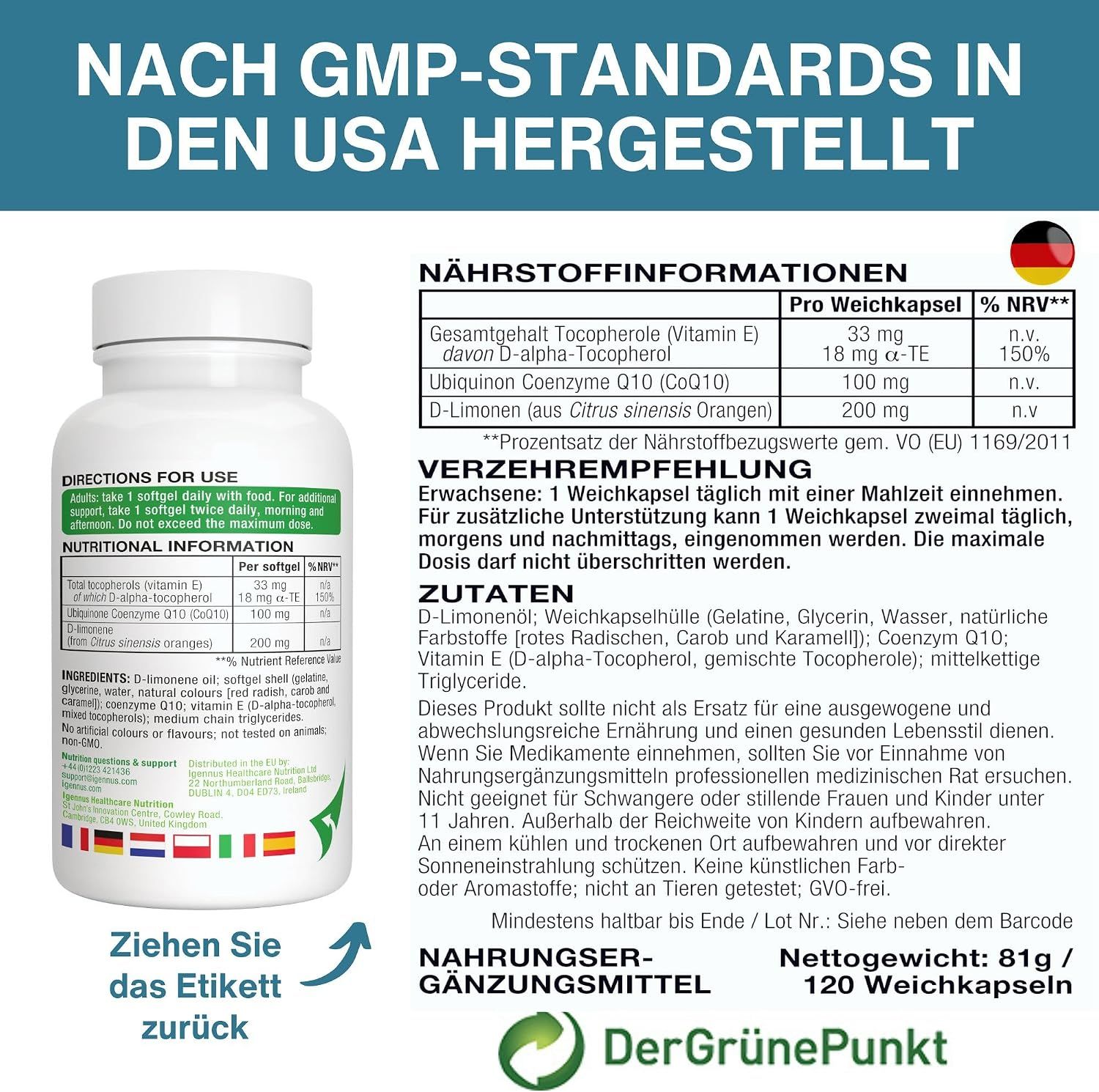 CoQ10 mit hoher Absorption: 5x höhere Bioverfügbarkeit, höhere Plasmaspiegel, mit D-Limonen & Vitamin E.