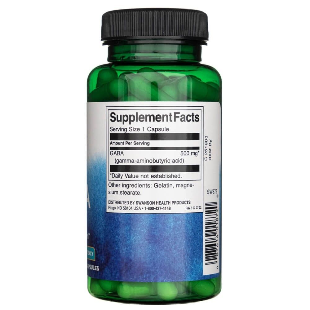 Rückseite einer grünen Flasche mit Swanson GABA 500 mg, Supplement Facts.