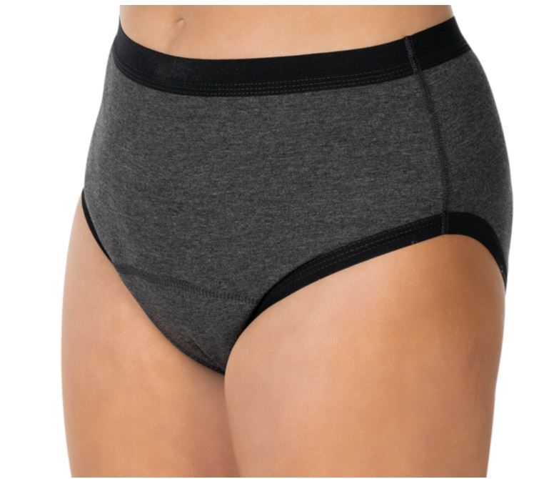 Anthrazitfarbene Inkontinenzschutzhose. Seitliche Ansicht. Schwarzer Bund und Beinabschlüsse.