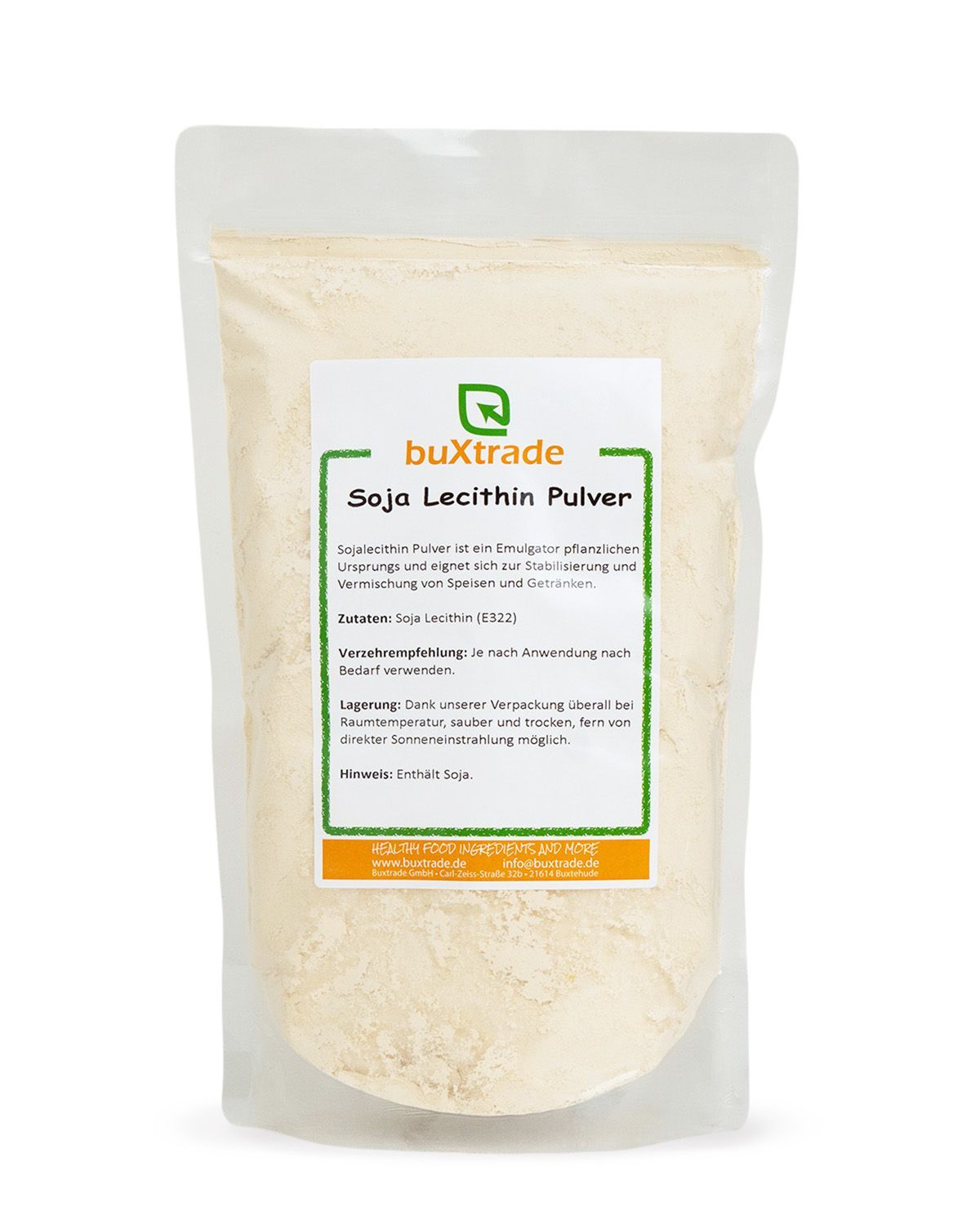 Buchsbaum Soja Lecithin Pulver in einem Standbodenbeutel mit Etikett.