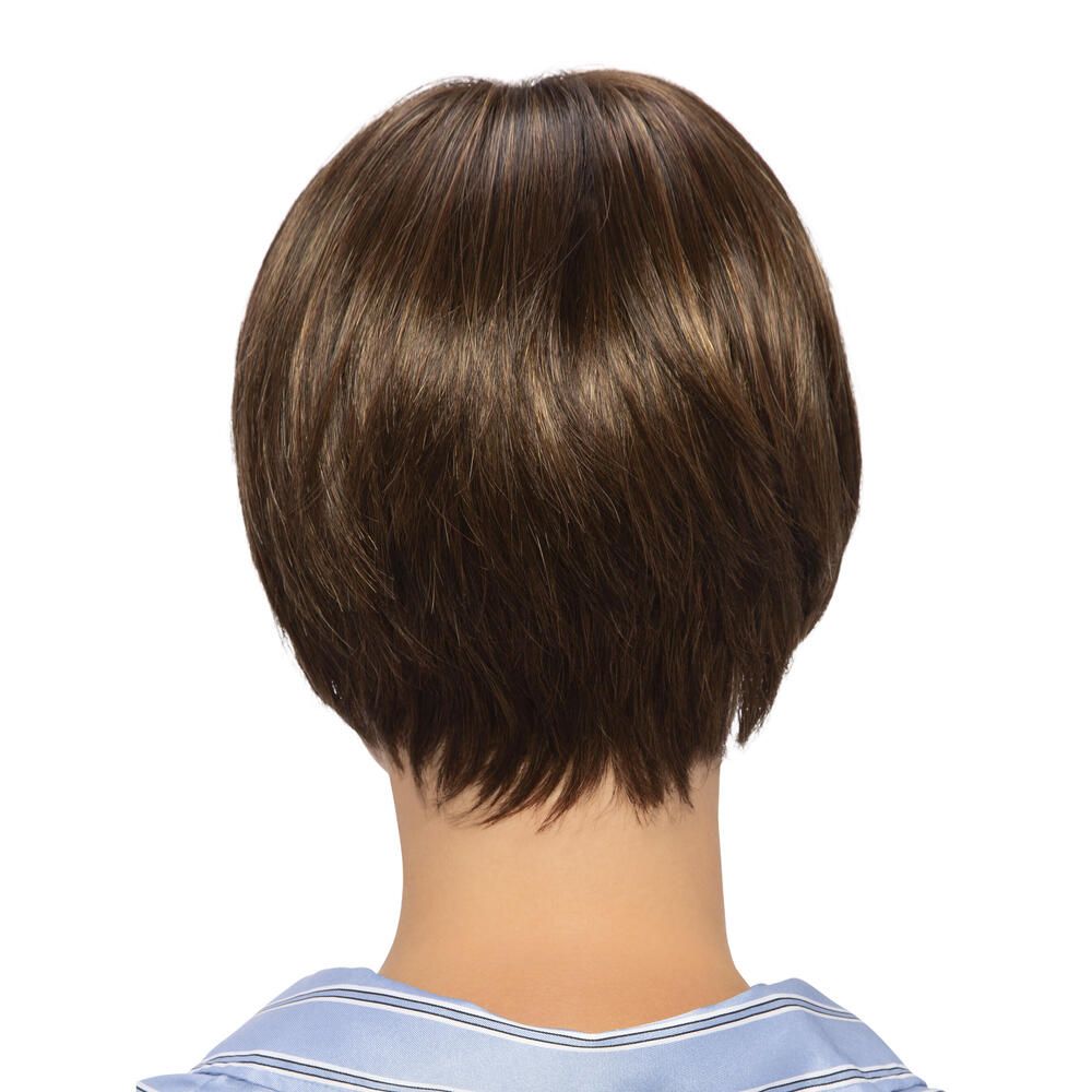 Kurzhaarperücke in Braun. Rückansicht.