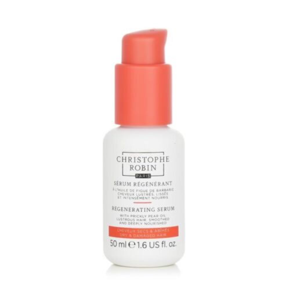 Weißes Fläschchen mit rotem Pumpkopf. Beschriftung: Christophe Robin, Regenerating Serum, 50 ml.