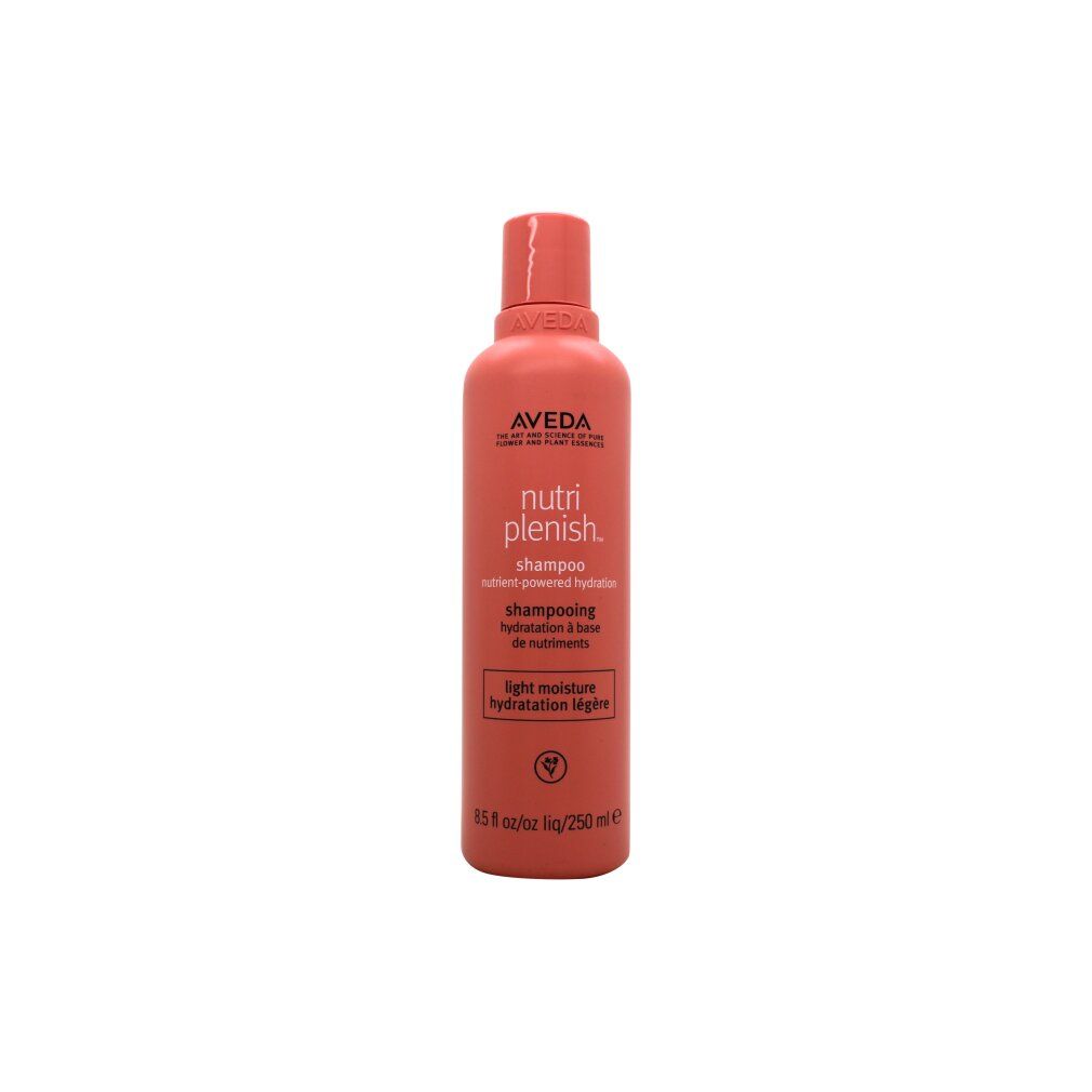 Rosa Shampoo-Flasche mit Aveda-Logo und Nutriplenish-Schriftzug. Text: light moisture, shampooing hydratation à base de nutriments. Vegan-Logo.