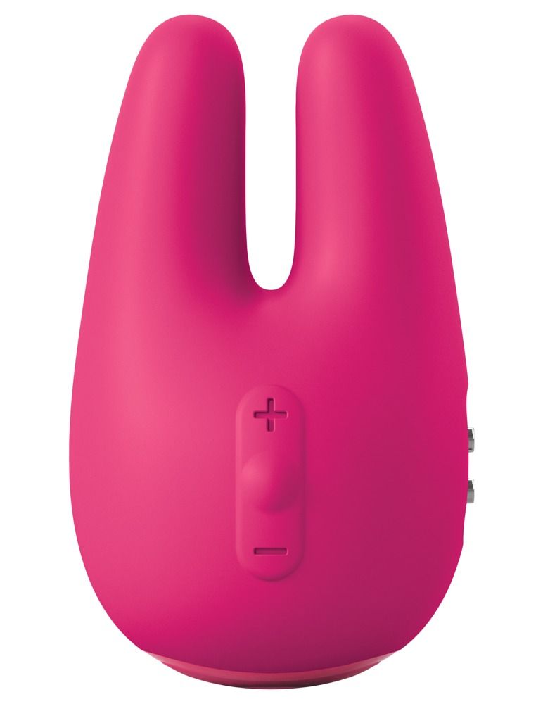 Pinkfarbener Auflegevibrator. Zwei Vibrations-Öhrchen, Bedienfeld mit Plus- und Minus-Tasten.