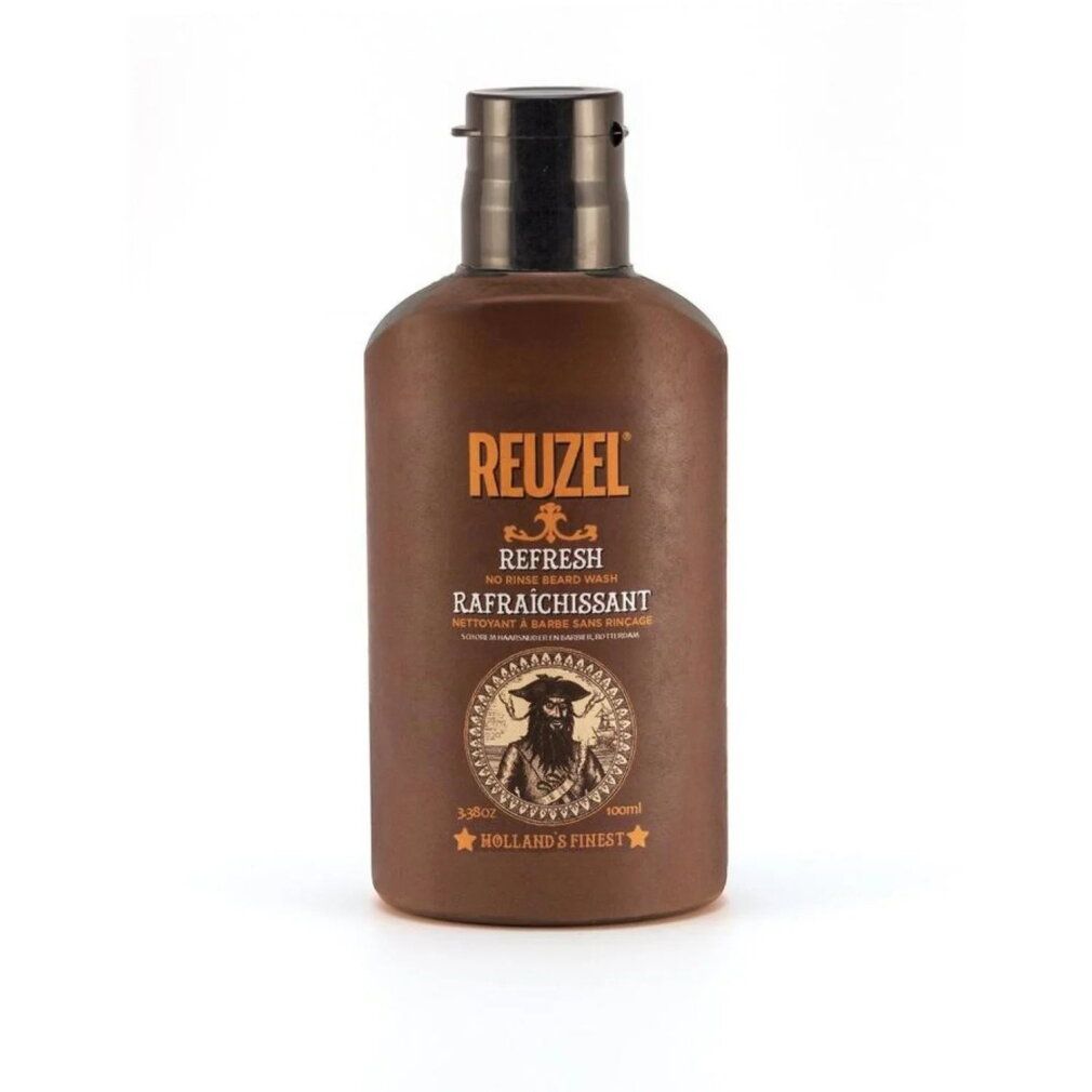 Reuzel Refresh No Rinse Bartwaschflasche, braun, mit schwarzem Verschluss.