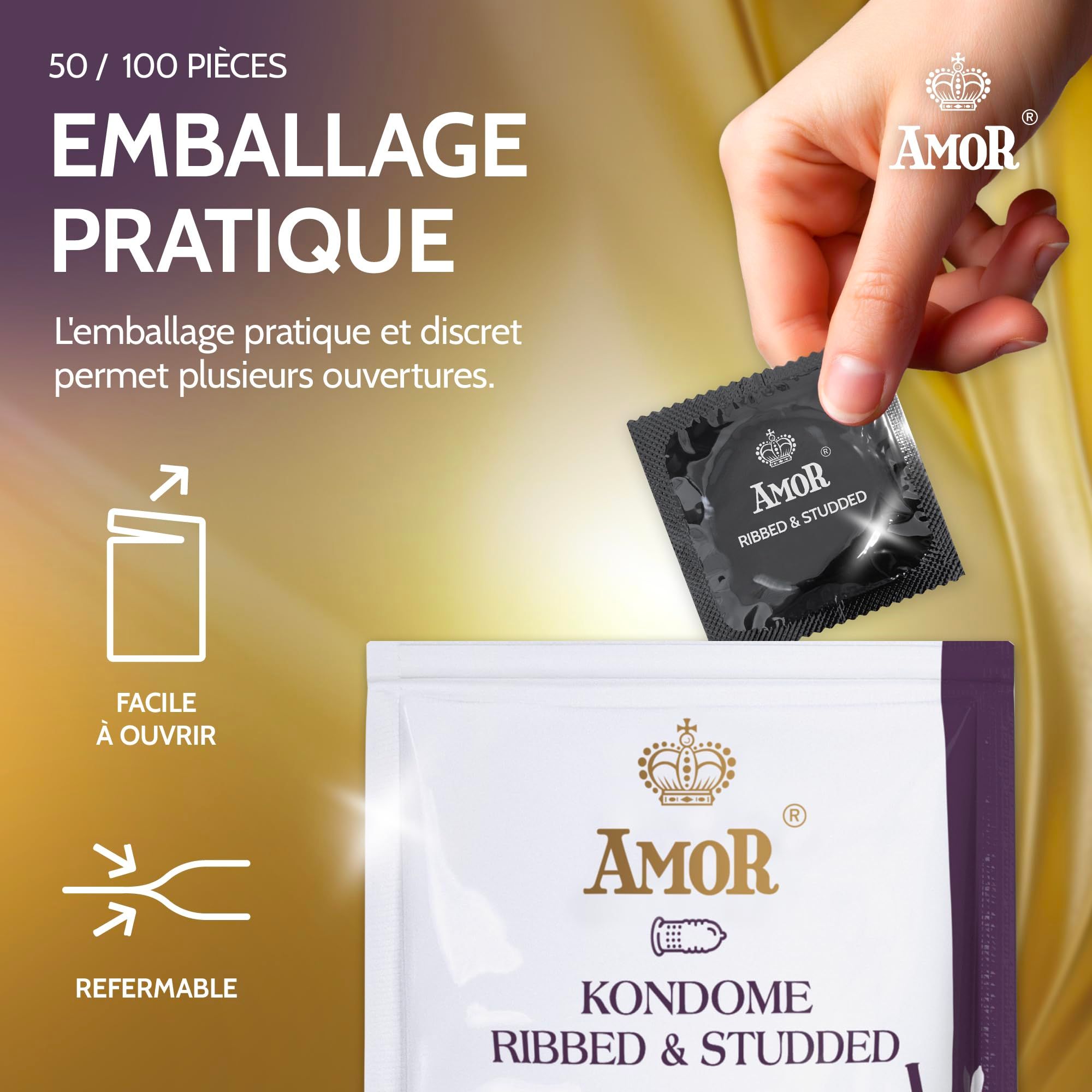 Amor Kondom Ribbed & Studded, einzeln verpackt, leicht zu öffnen.