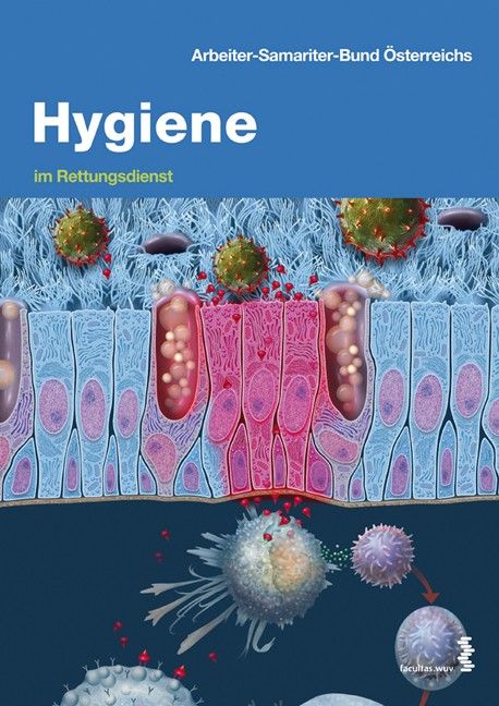 Illustration von Hygiene im Rettungsdienst. Titel in Weiß auf blauem Hintergrund. Darstellung von Zellen und Viren.