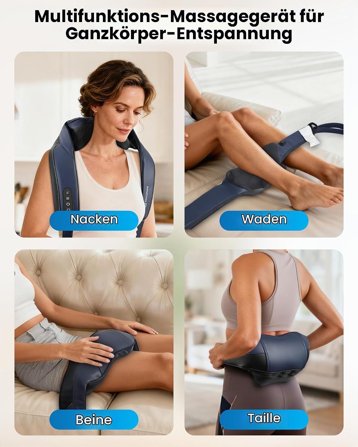 Nackenmassagegerät mit Tragegurten, das von einer Frau am Schreibtisch und einem Mann auf dem Sofa verwendet wird.