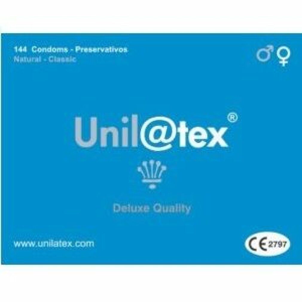 Blaue Verpackung von Unilatex. Aufschrift: 144 Kondome, Natural Classic, Deluxe Quality, CE-Kennzeichnung, Logo.