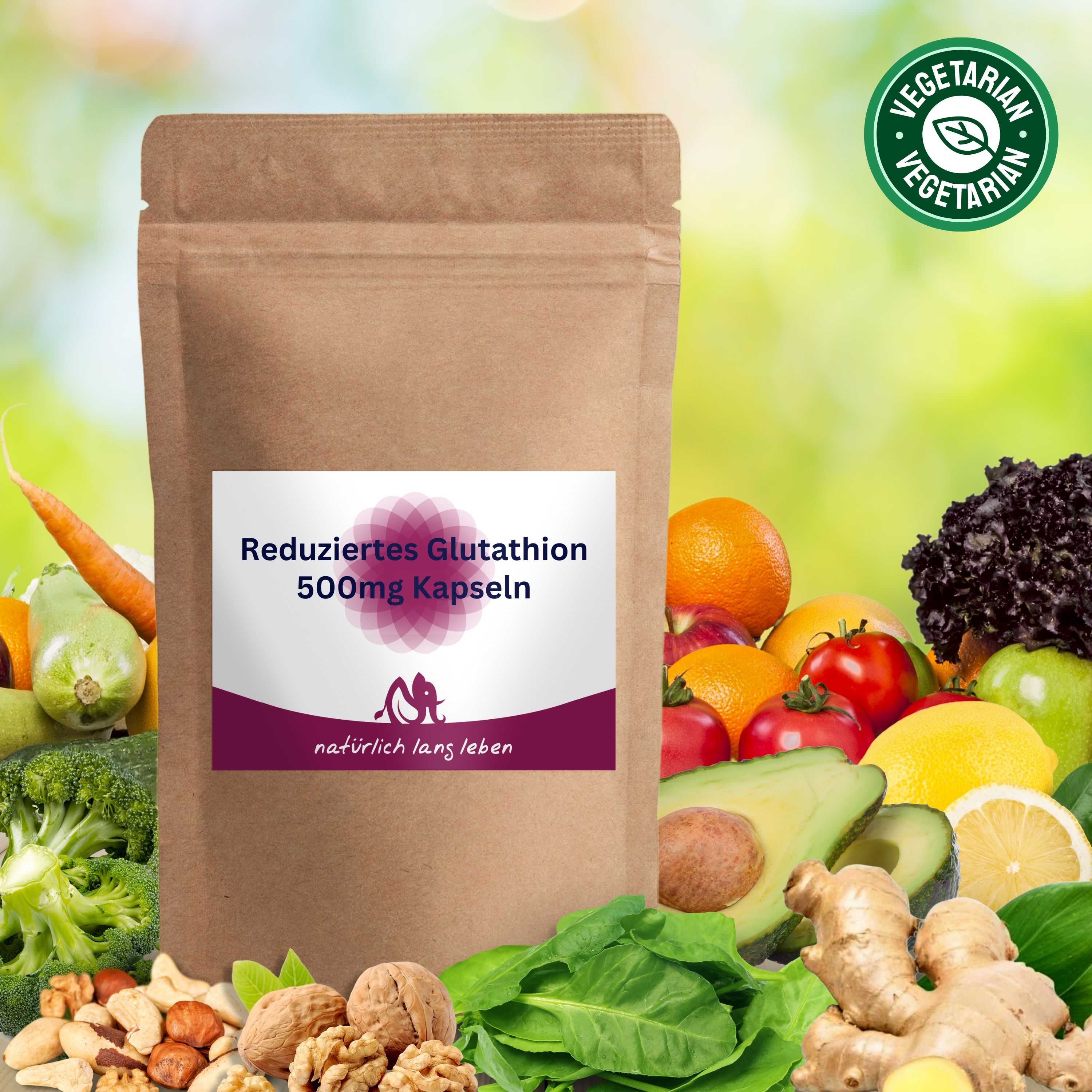 Braune Tüte mit Etikett. Aufschrift: Reduziertes Glutathion 500mg Kapseln. Logo: natürlich lang leben. Mit Gemüse und Obst.