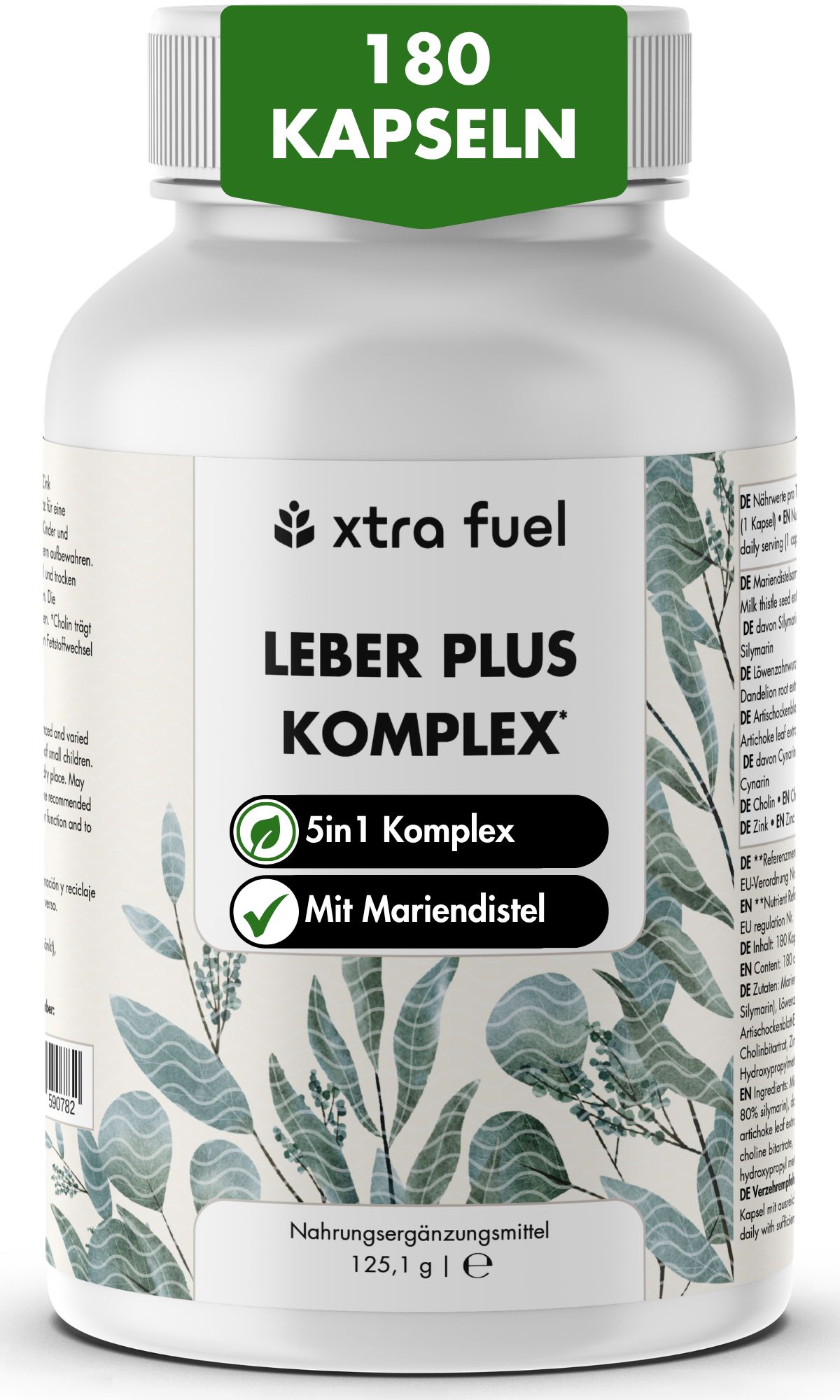 Weiße Flasche mit grüner Kappe. Aufschrift: XTRA FUEL Leber Plus Komplex. 180 Kapseln. Mit Mariendistel.
