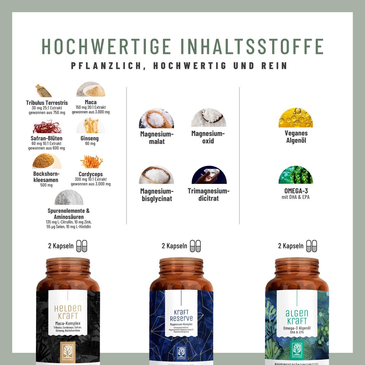 Drei Flaschen mit Etiketten: Heldenkraft, Kraftreserve, Algenkraft. Daneben Inhaltsstoffe und Kapseln. Nahrungsergänzungsmittel.