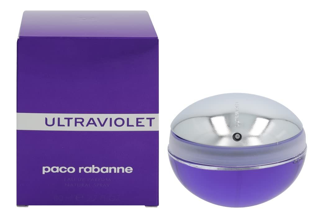 Lila Flakon und Verpackung. Silberner Deckel. Schriftzug 'ULTRAVIOLET' und 'paco rabanne'.