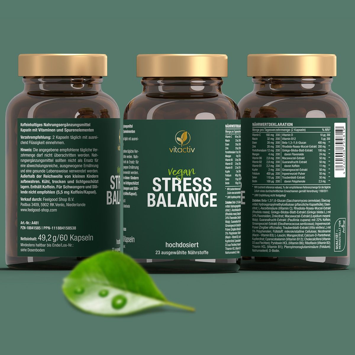 Drei braune Glasflaschen mit grünen Etiketten. "Vitactiv" und "STRESS BALANCE" in weißer Schrift. Blatt mit Tropfen davor.