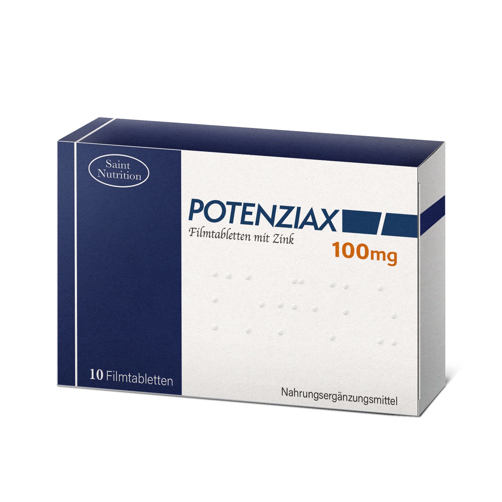 Schachtel mit Potenziax Filmtabletten. Enthält 10 Tabletten mit Zink. Aufschrift: 100mg. Nahrungsergänzungsmittel.