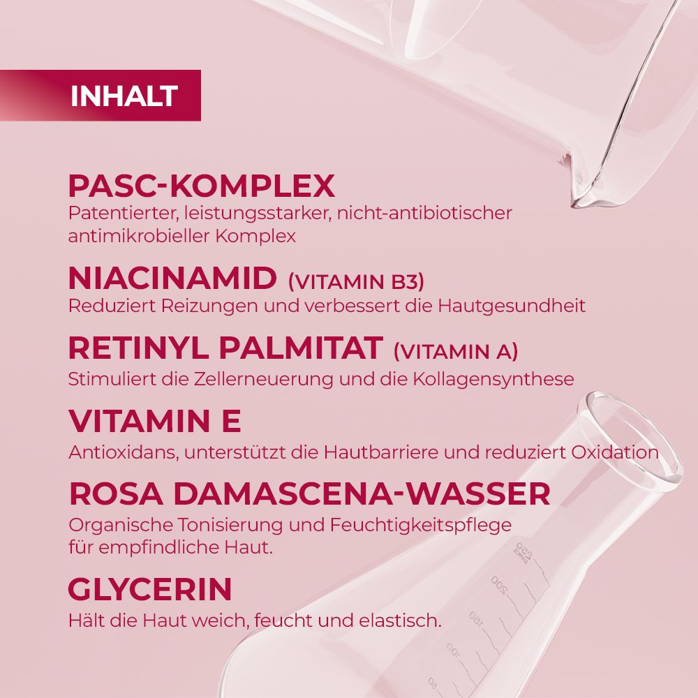 Inhaltsstoffe: PASC-Komplex, Niacinamid, Retinyl Palmitat, Vitamin E, Rosa Damascena-Wasser, Glycerin. Text auf rosa Hintergrund.