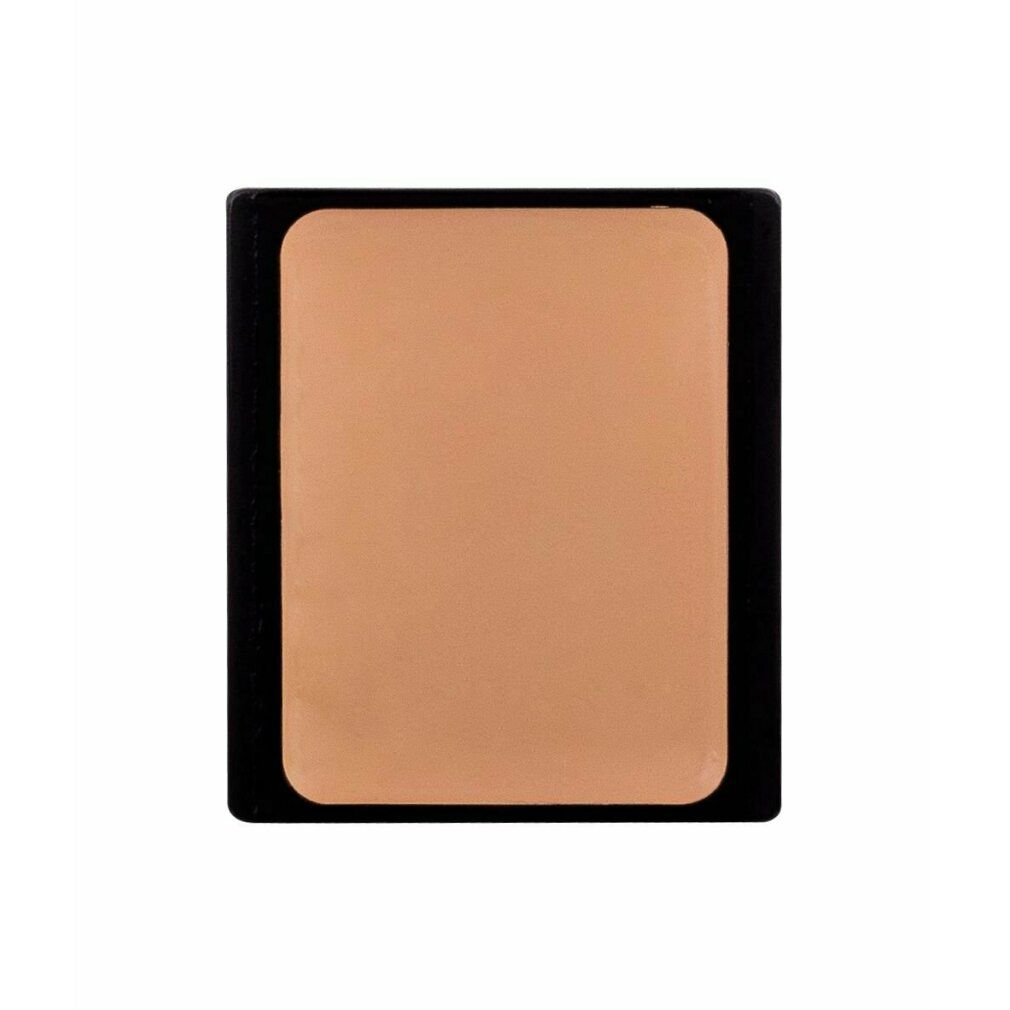 Beige-apricot Camouflage Cream in schwarzem Behälter. Rechteckige Form mit abgerundeten Ecken. Produktansicht von oben.