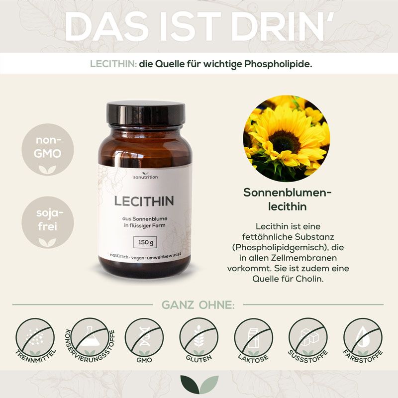 Braune Glasflasche mit Etikett „Lecithin aus Sonnenblume“. Enthält Sonnenblumen-Lecithin. 150g. Ohne Konservierungsstoffe, GMO, Gluten, Laktose, Süßstoffe, Farbstoffe.