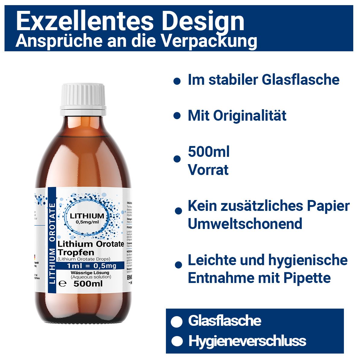 Braunglasflasche mit Etikett. Enthält Lithium Orotate Tropfen. Text: 1ml = 0,5mg. 500ml. Mit Pipette. Hygienisch verschlossen.