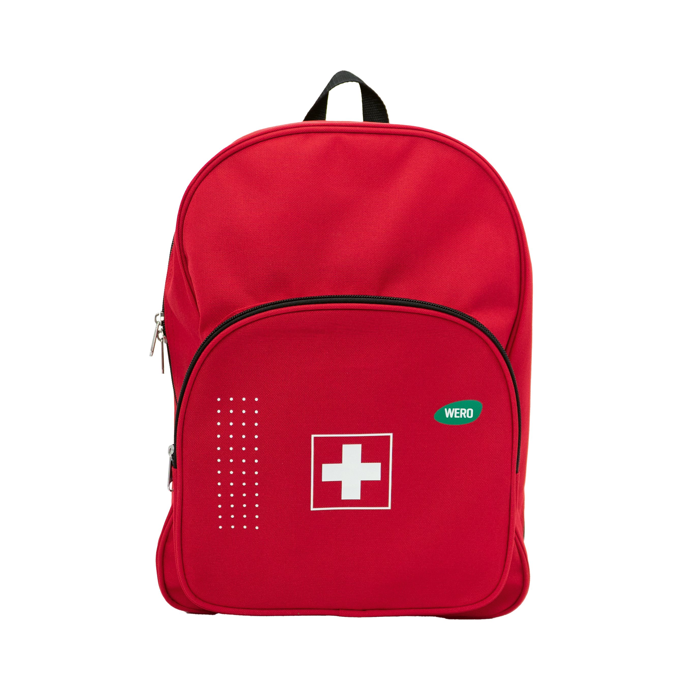 Roter Erste-Hilfe-Rucksack mit weißem Kreuz. Schwarze Reißverschlüsse und Tragegriff. WERO-Logo. Leere Tasche.