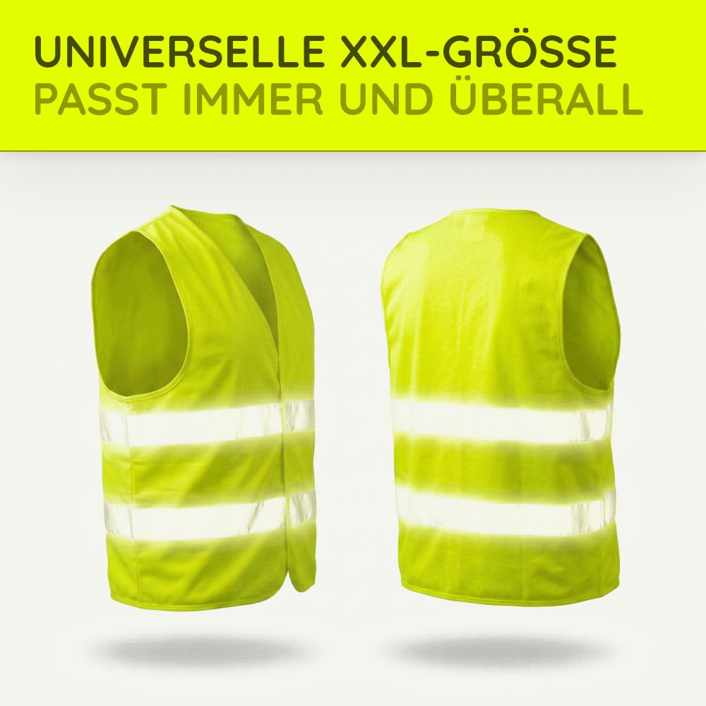 Vorder- und Rückansicht einer neongelben Warnweste mit reflektierenden Streifen.