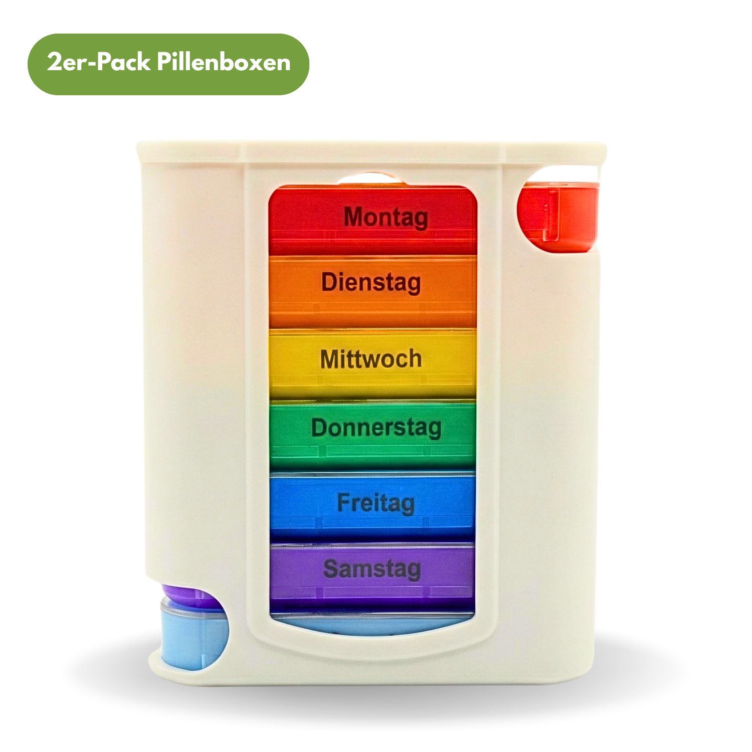 Tablettenbox, weiß, mit 7 farbigen Fächern für Wochentage. Marke Frohbach Vital Care.