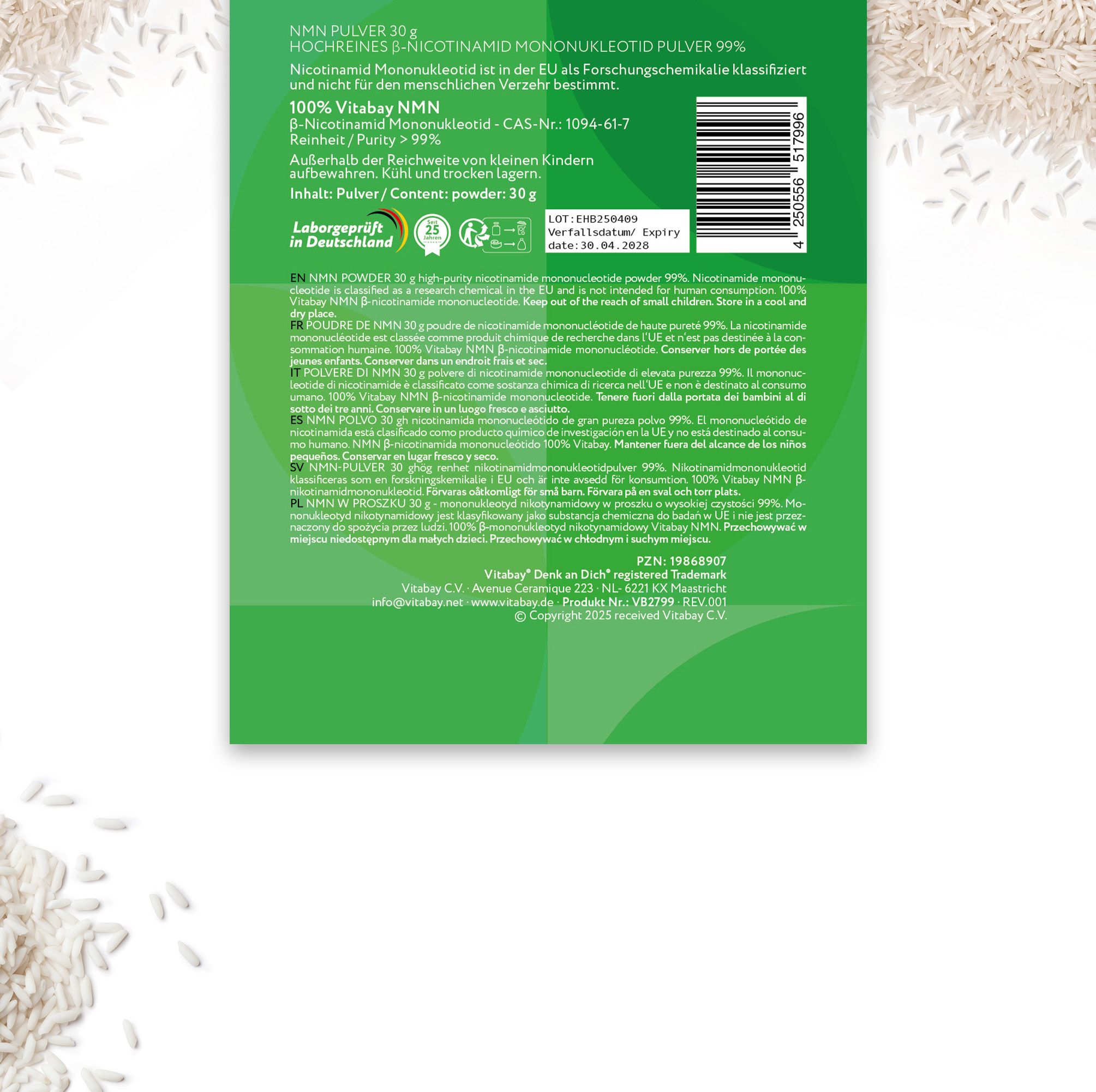 Rückseite einer Verpackung mit Text in mehreren Sprachen. Enthält Informationen zu NMN Pulver 30g, Inhaltsstoffe, Hersteller.