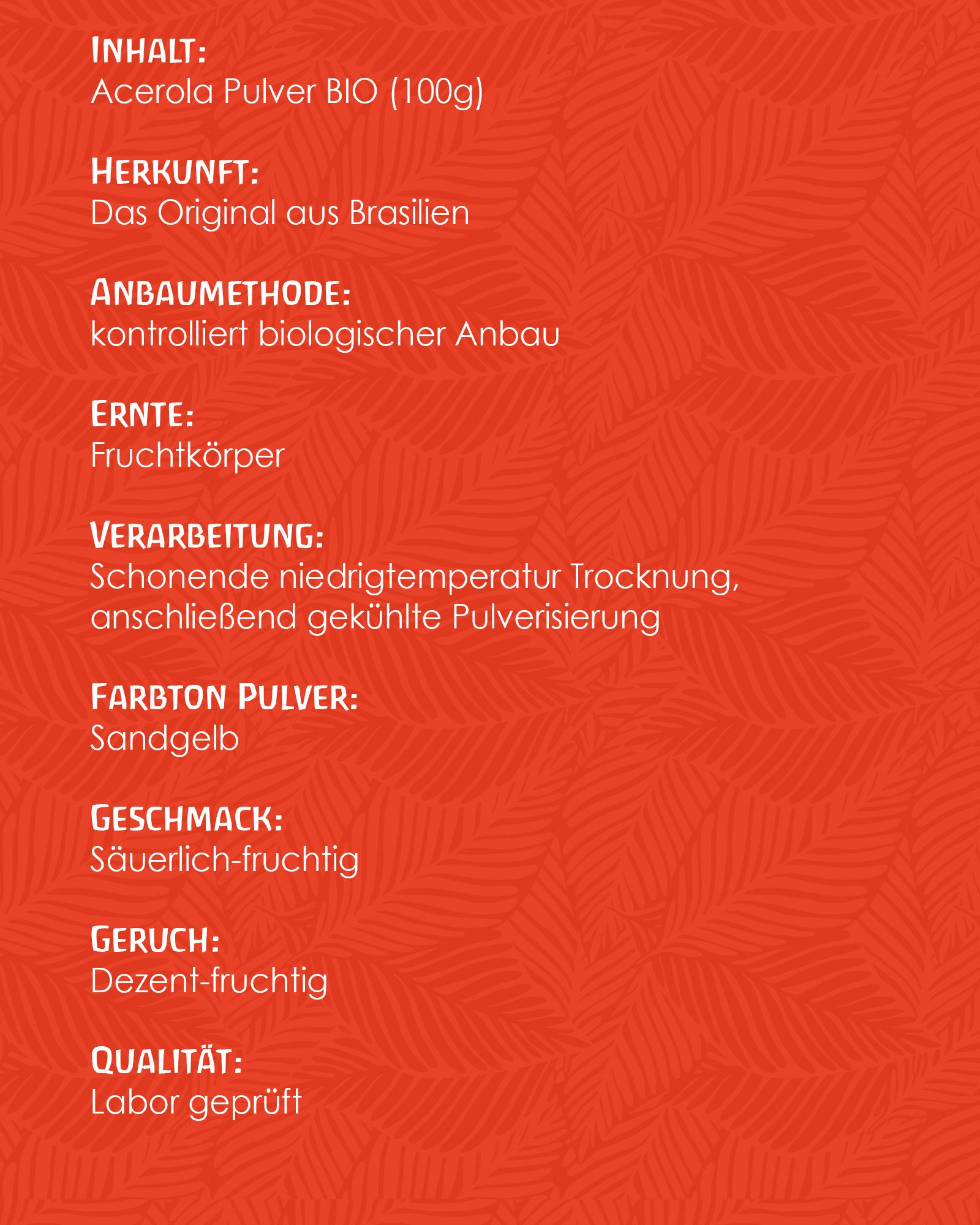 Text auf rotem Hintergrund. Inhalt, Herkunft, Anbaumethode, Ernte, Verarbeitung, Farbton, Geschmack, Geruch, Qualität.