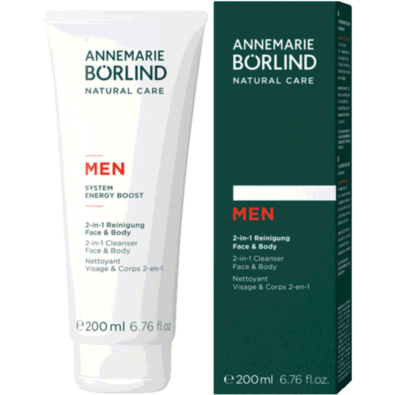 Weiße Tube mit "ANNEMARIE BÖRLIND MEN 2-in-1 Reinigung Face & Body". Rote Schrift. 200 ml.