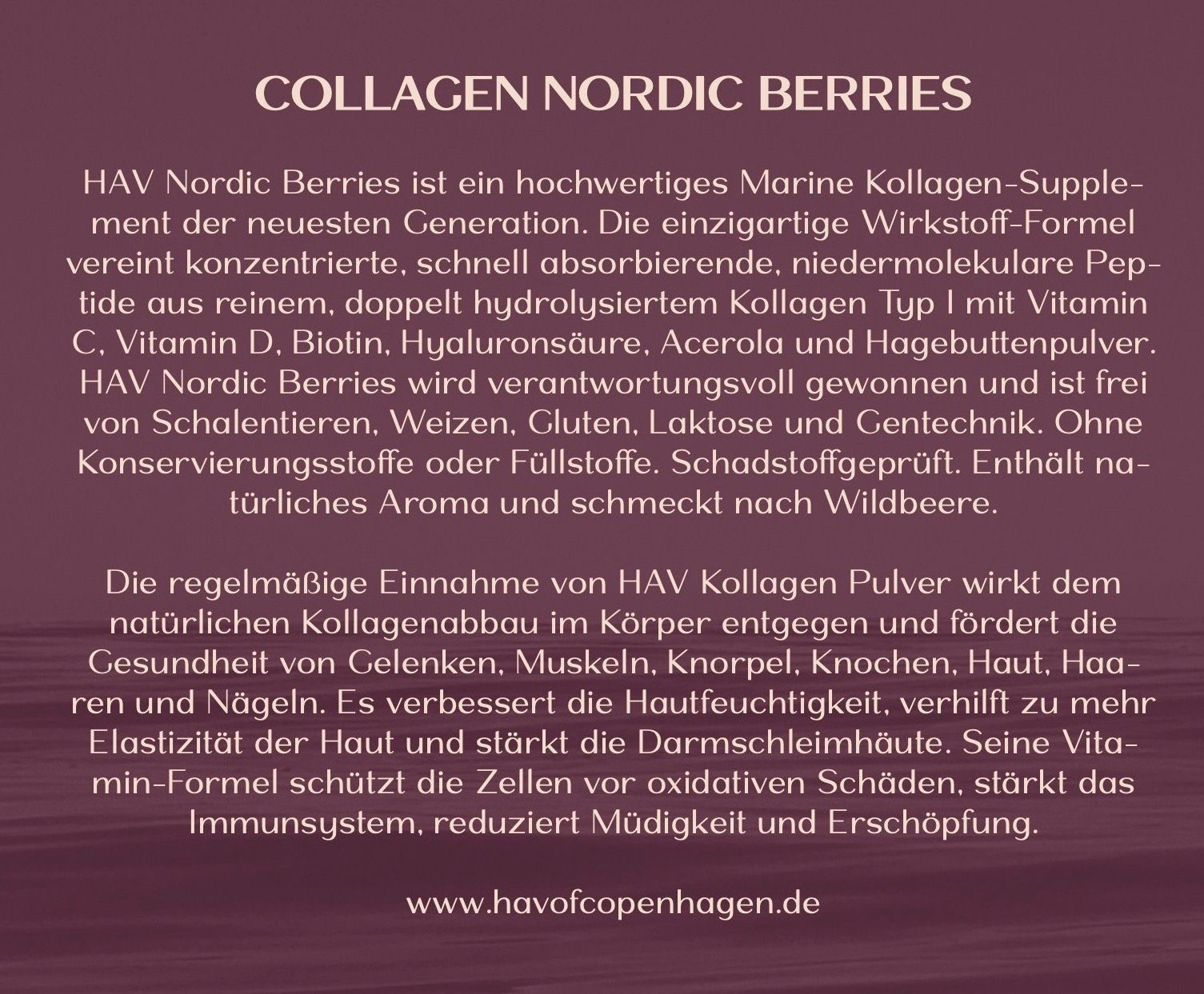 Text auf lila Hintergrund. Informationen zu Collagen Nordic Berries und Inhaltsstoffen.