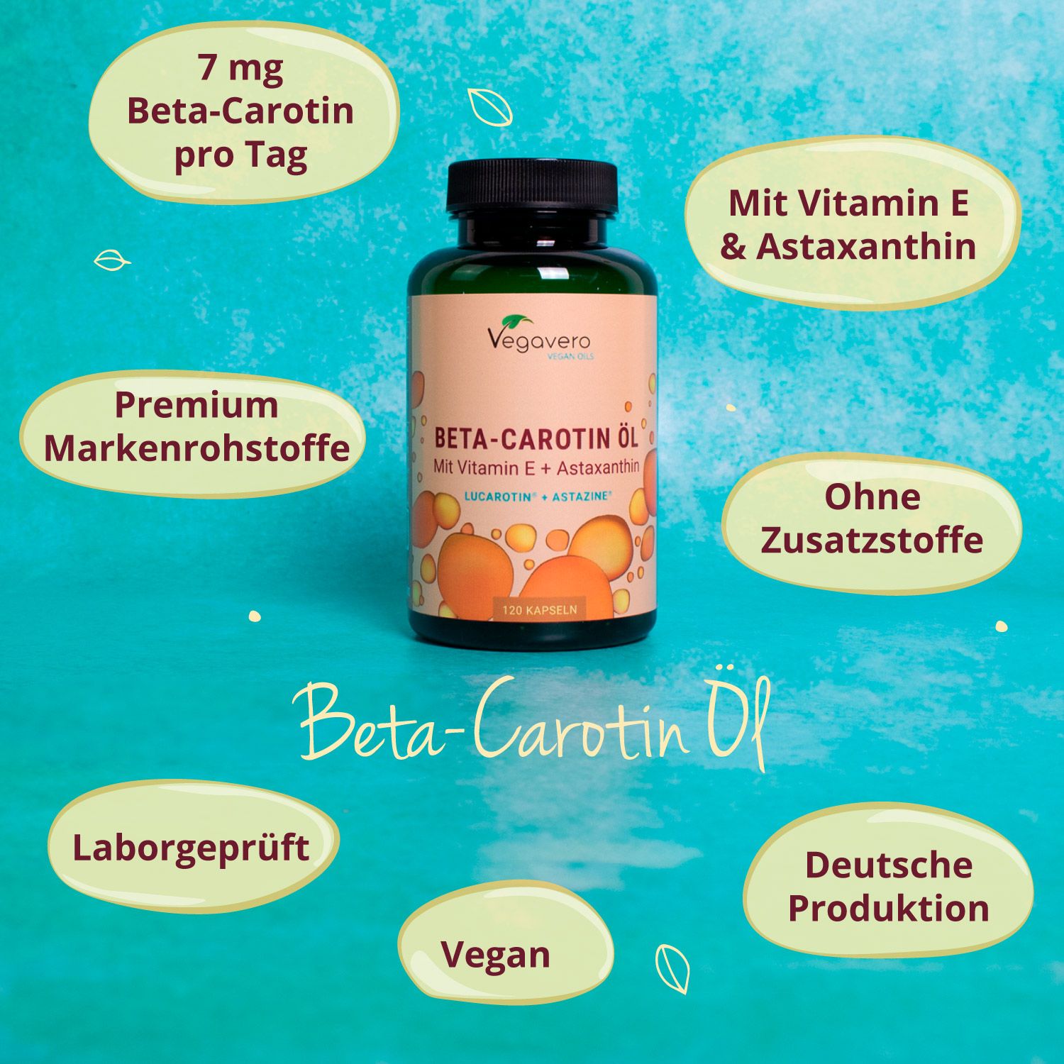 Flasche Beta-Carotin Öl. Text: 7 mg Beta-Carotin, Mit Vitamin E & Astaxanthin, Ohne Zusatzstoffe, Vegan.