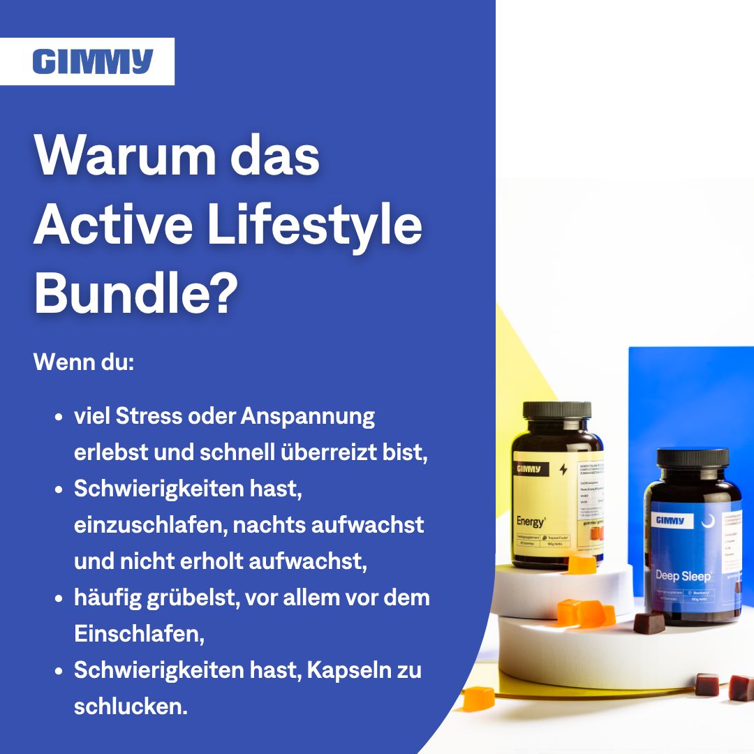 Zwei Flaschen GIMMY Gummies auf einer weißen Plattform. Text: Warum das Active Lifestyle Bundle?