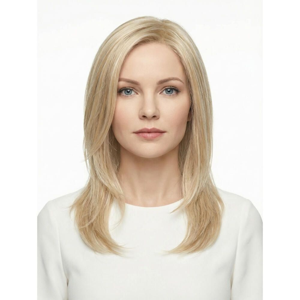 Blond gefärbte Perücke mit schulterlangem, gestuftem Schnitt. Die Frau trägt ein weißes Oberteil. Frontale Ansicht.