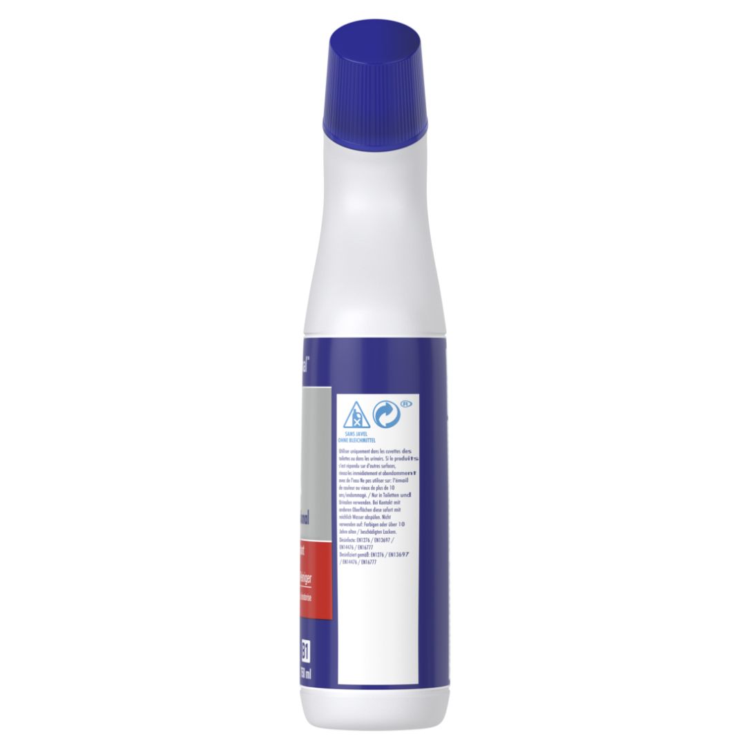 Weiße Flasche mit blauem Deckel. Etikett mit Text und Piktogrammen. Warnhinweise und Herstellerinformationen.