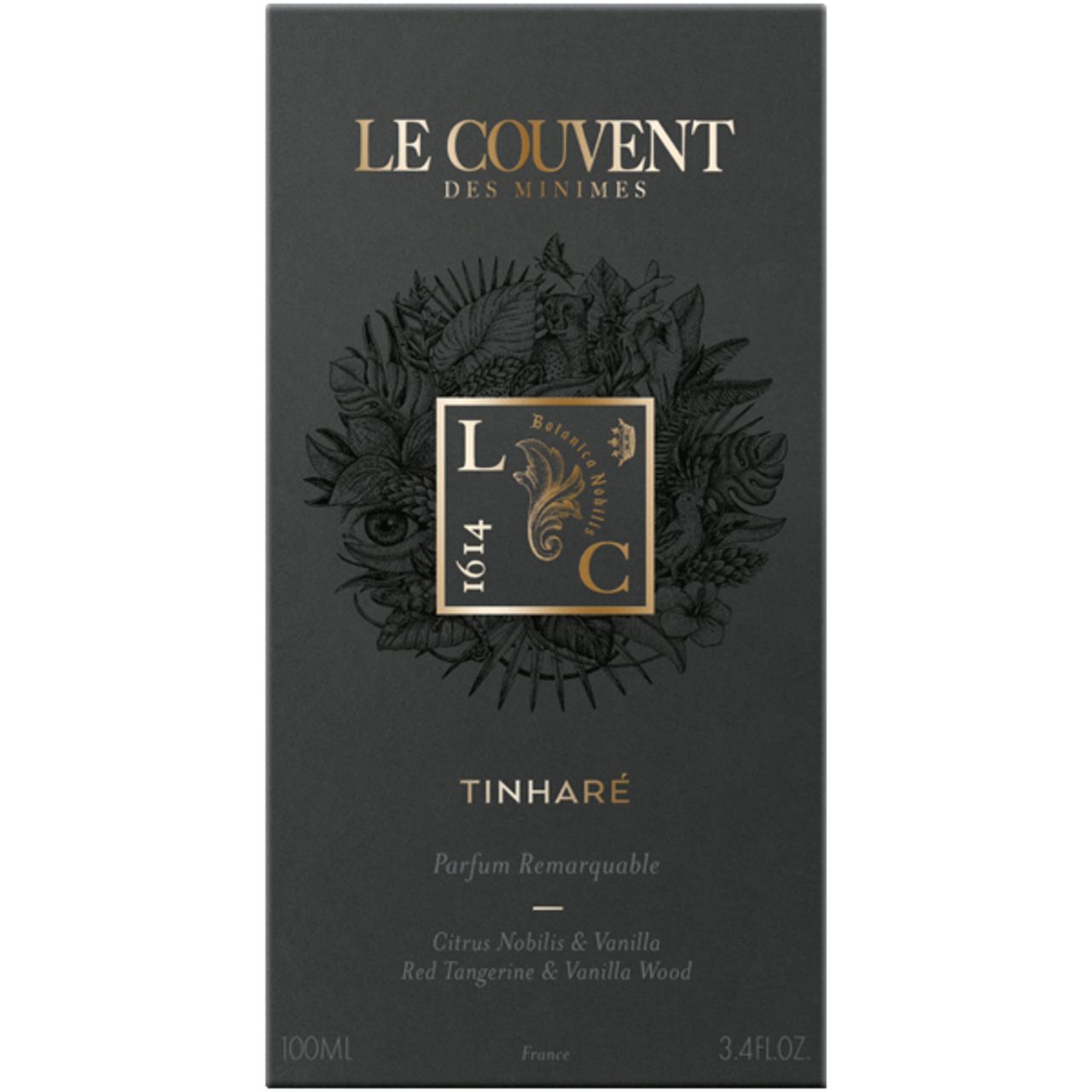 Schwarze Verpackung. Aufschrift: Tinharé, Le Couvent des Minimes. Goldfarbene Details und Logo.
