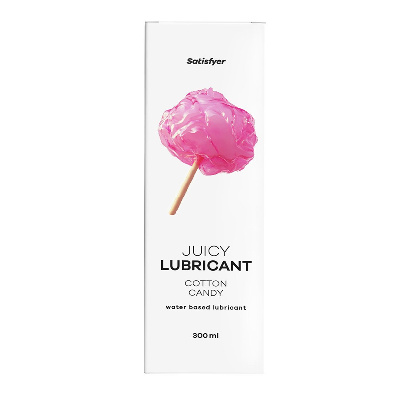 Weißer Karton mit rosa Wattebonbon-Illustration. Schriftzug "Satisfyer". "JUICY LUBRICANT Cotton Candy" und "water based lubricant".