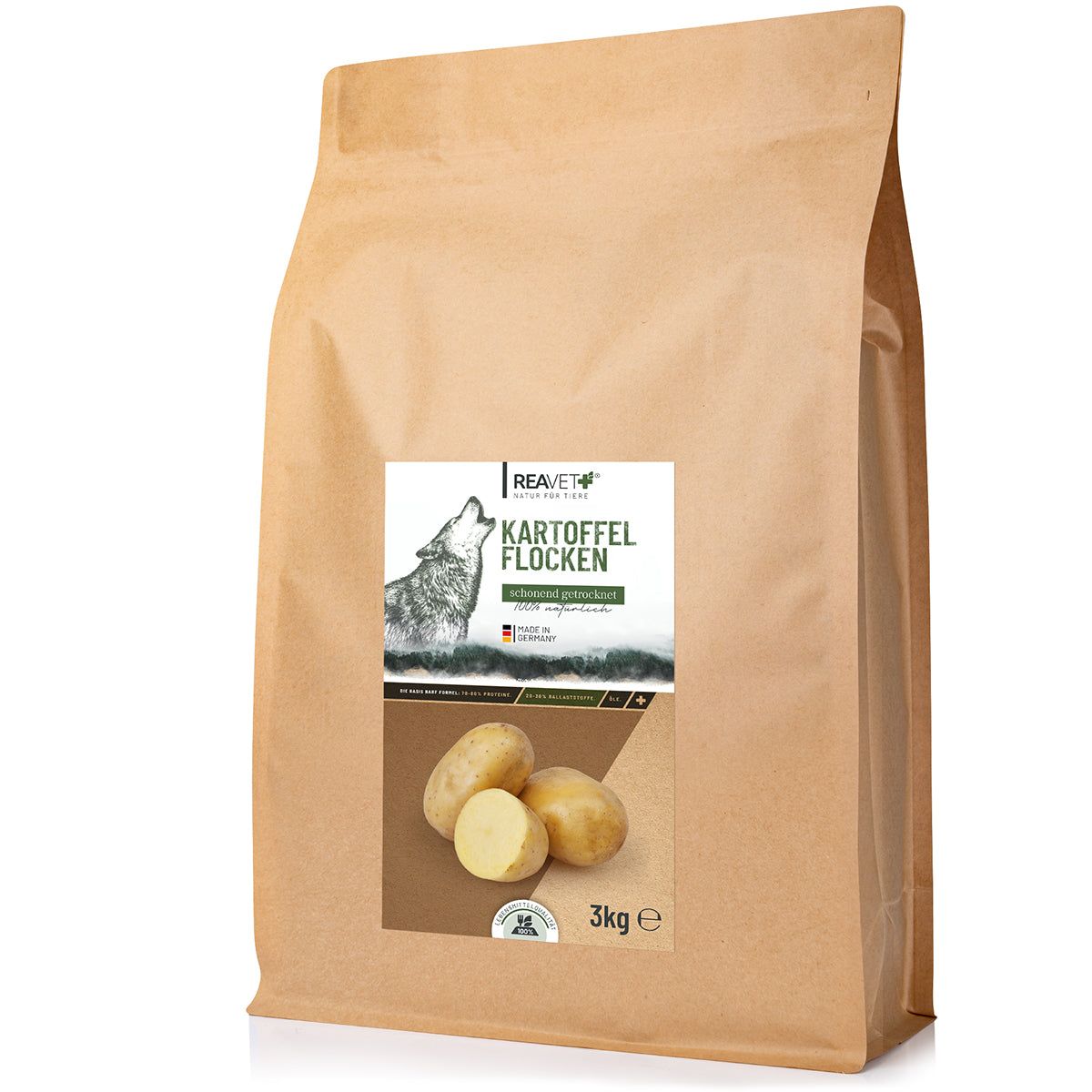 Beutel mit Kartoffelflocken. Aufdruck mit Produktname, Wolf, Kartoffeln und 3kg. Marke ReaVET.
